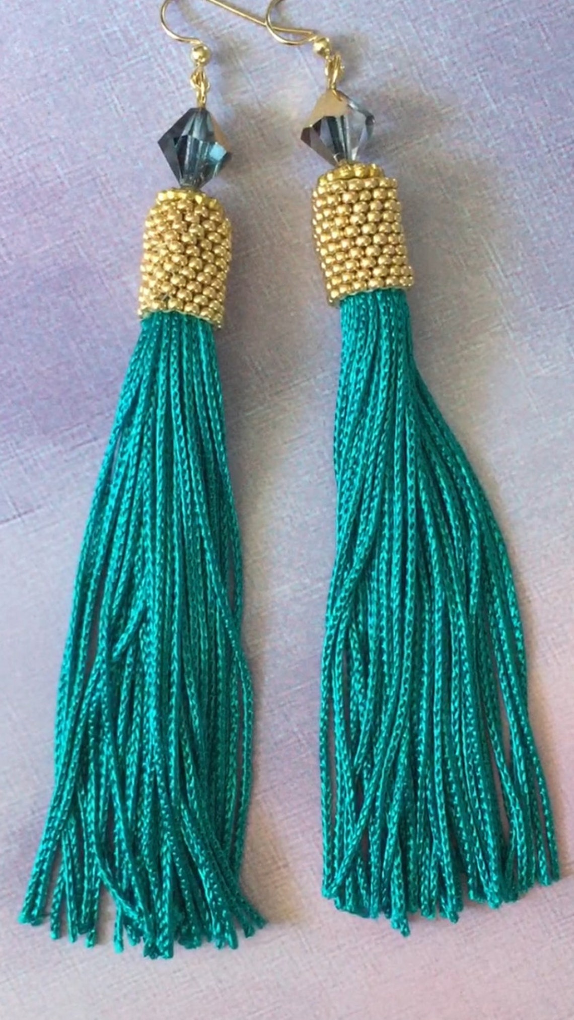 Long Seed Bead Tassel Earrings Beaded Bright Teal and Gold | Etsy