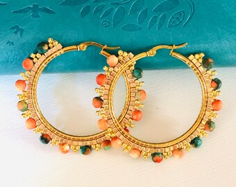 Handmade Orange and Green Turquoise  Earrings, Large Gemstone Hoops