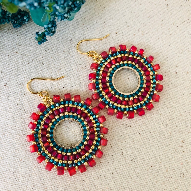 Beaded Small Hoop Earrings Aqua Berries Red and Aqua Seed Bead Earrings Beadwork Jewelry image 2