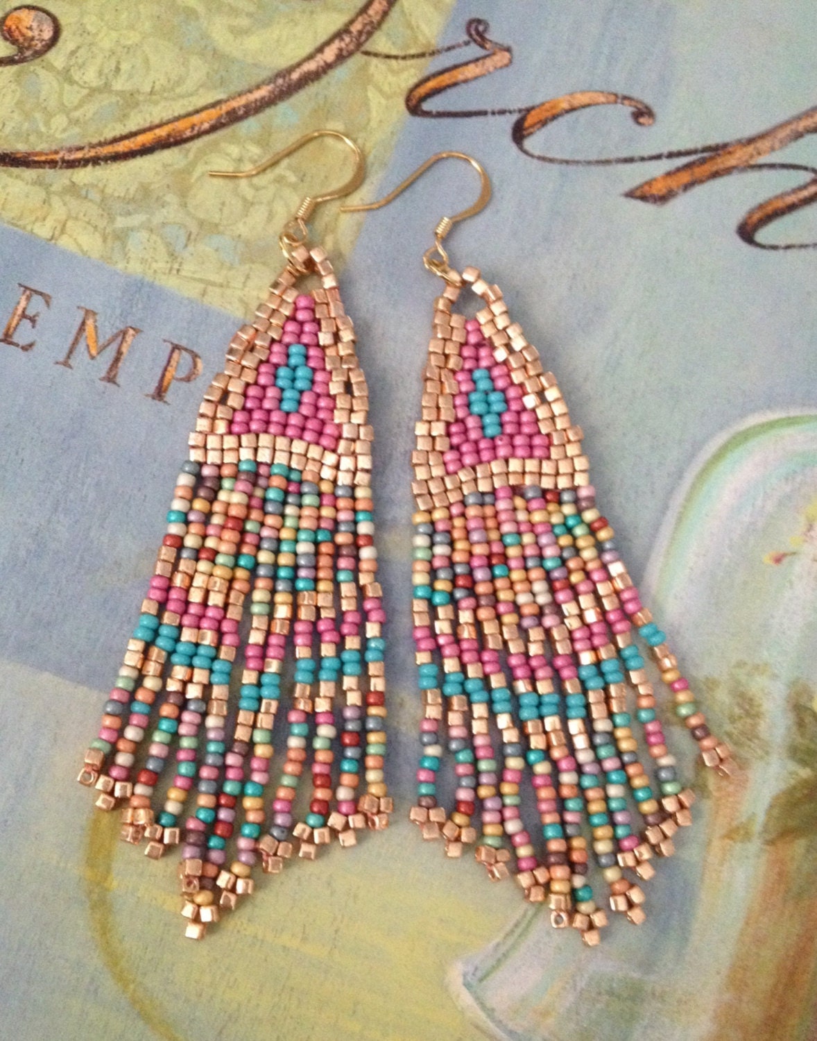 Seed Bead Earrings Pink Coral Sand Long Metallic Fringe Etsy