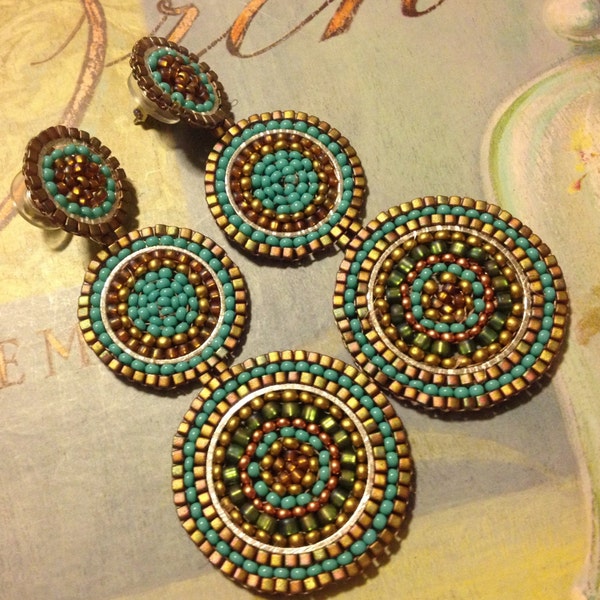 Beadwork Triple Disc Post Earrings - Big Bold Turquoise Seed Bead Earrings