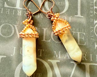 Crystal Point Copper Beaded Earrings | Boho Handmade Quartz Drop Dangles