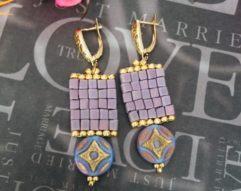 Beaded Lavender Column Dangle Earrings Statement Jewelry