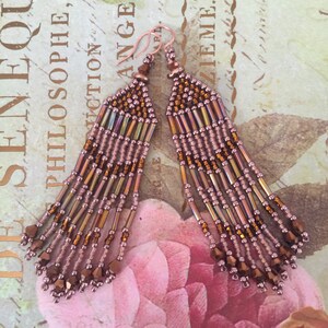 Super Long Seed Bead Earrings Beaded Copper Metallic Fringe Earrings image 2