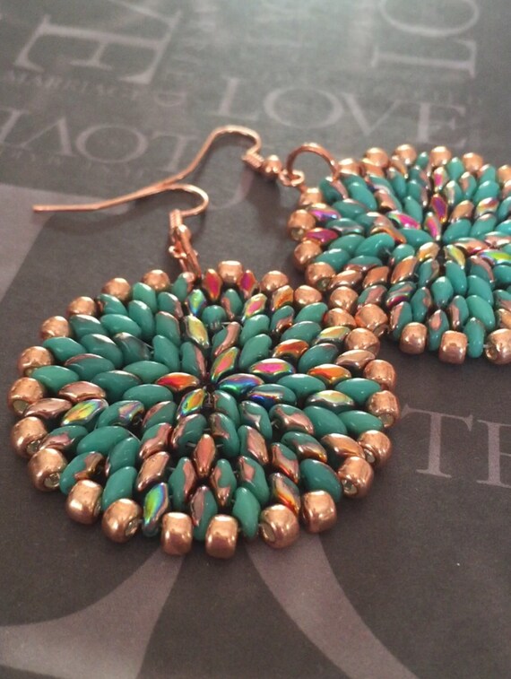 Turquoise Copper Seed Bead Earrings: Bold Beadwork Disc Jewelry