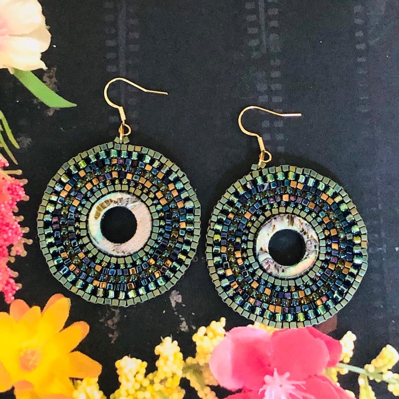 Abalone Earrings Big Boho Handmade Hoops Seed Bead Summer Beach Shell Jewelry image 2