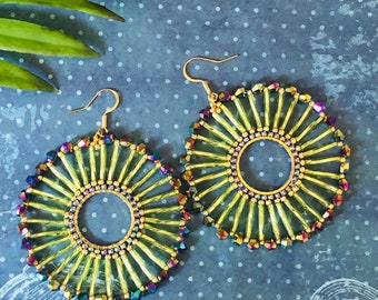 Beaded Earrings Luscious Lime Bugle Bead Hoop Earrings Beadwork Jewelry