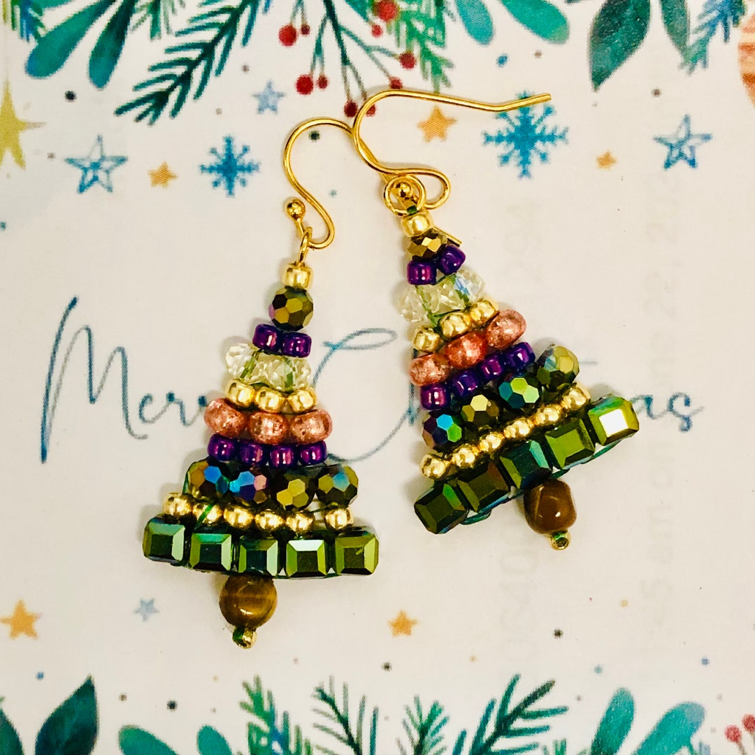 Christmas Earrings Jeweled Christmas Tree Beaded Earrings Festive