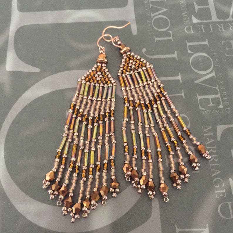 Super Long Seed Bead Earrings Beaded Copper Metallic Fringe Earrings image 4