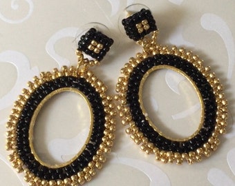 Black and Gold Earrings Seed Bead Earrings Post Earrings