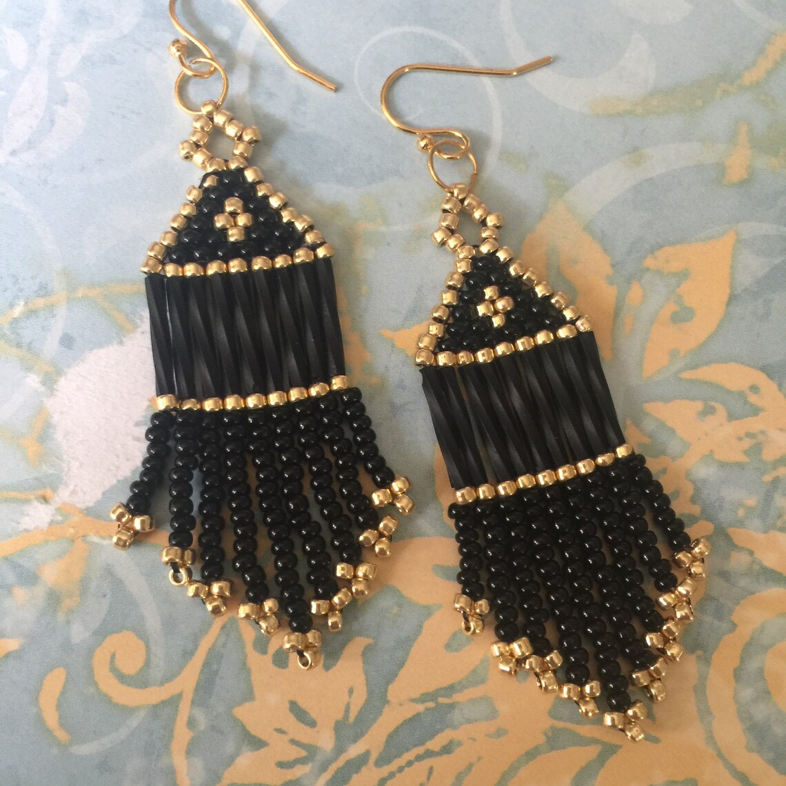 Small Beaded Black and Gold Fringe Seed Bead Earrings Beaded | Etsy