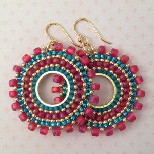 Beaded Small Hoop Earrings Aqua Berries Red and Aqua Seed Bead Earrings Beadwork Jewelry image 8