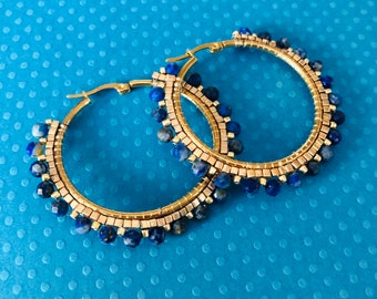 Lapis Gemstone Large Hoop Earrings Handmade Lapis Lazuli Earrings