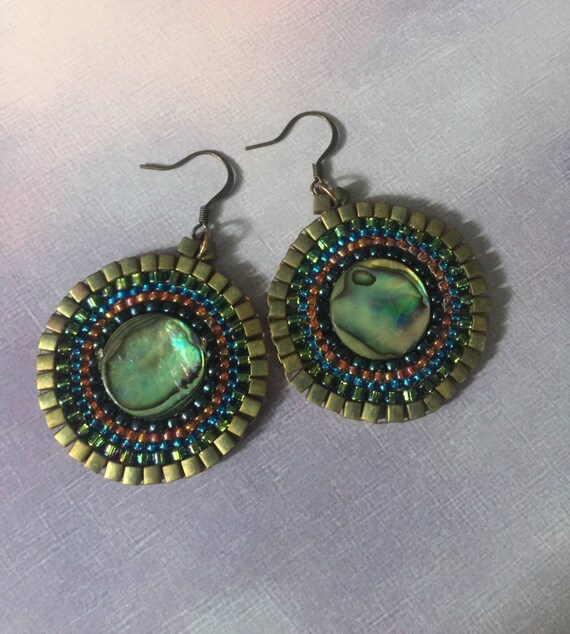 Abalone Earrings Large Seed Bead Earrings Beadwork Sea Shell Jewelry
