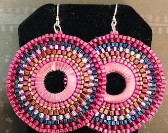 Handmade Hoop Earrings | Pink Beaded Shell Earrings | Summer Chic Boho Style Beach Jewelry