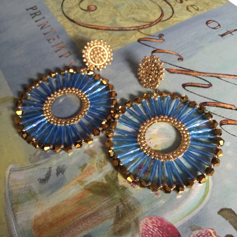 Beaded Post Earrings Blue Bugle Bead Hoop Earrings Seed Bead Etsy