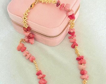 Colorful Gemstone Necklace | Gold Beaded Chain and Agate Stone Choker | Handmade Jewelry for Women