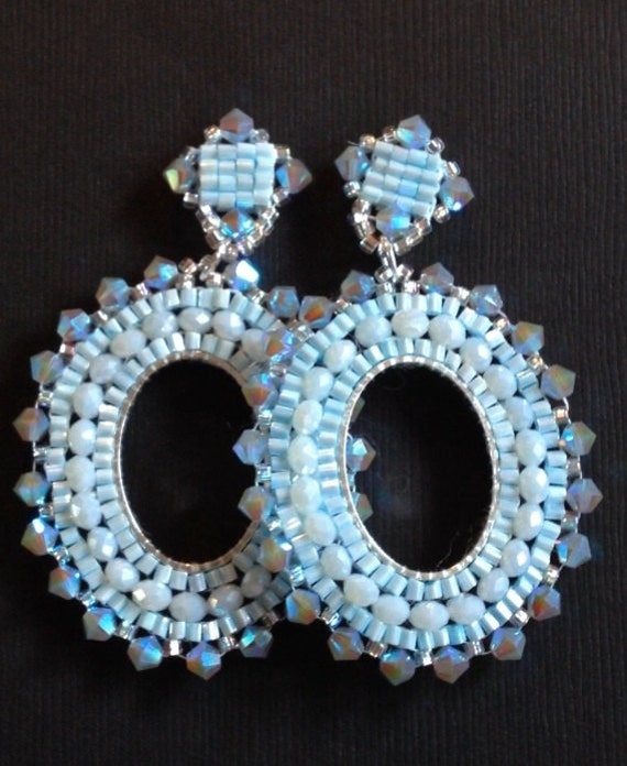Beaded Post Earrings Light Blue Crystal Hoop Earrings Beadwork Etsy