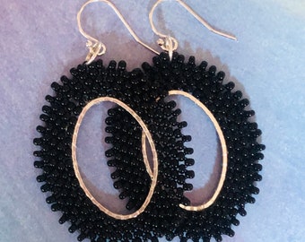 Seed Bead Hoop Earrings Black Oval Dangle Beaded Earrings