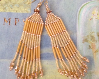 Fringe Earrings  Long Golden Honey Seed Bead Earrings