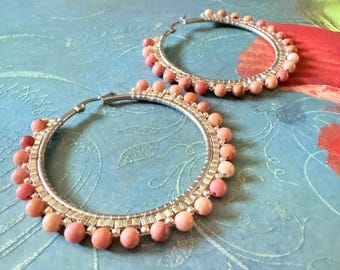 Pink Stone Boho Hoop Earrings | Large Gemstone Spring Summer Jewelry