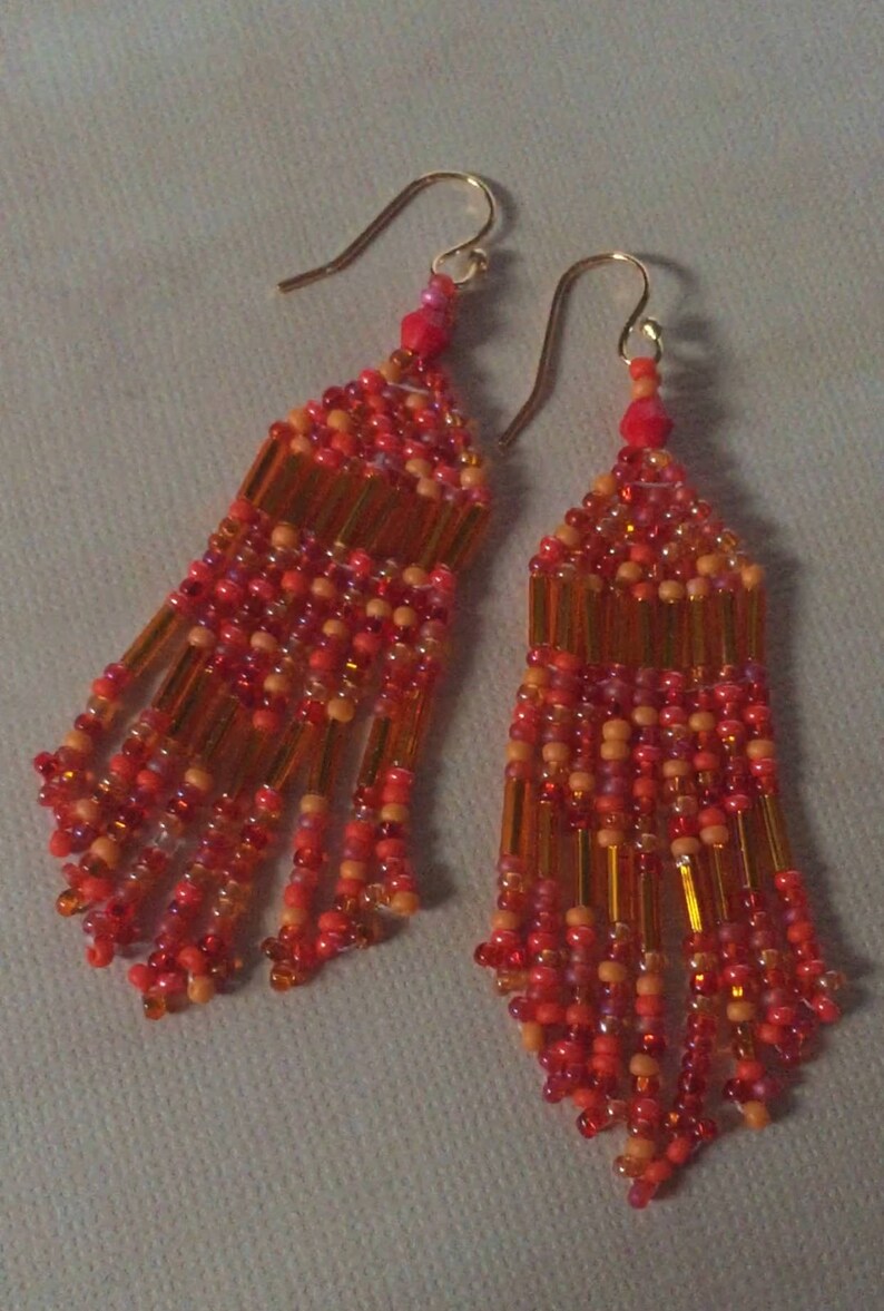 Beaded Fringe Seed Bead Earrings Bright Orange Beaded Dangle Etsy