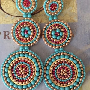 Turquoise Ruby Beaded Earrings: Triple Disc Statement Jewelry