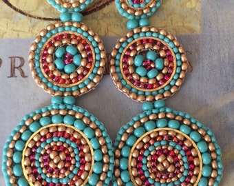 Beaded Turquoise and Ruby Triple Disc Post Earrings Beaded Earrings Large Seed Bead Statement Jewelry