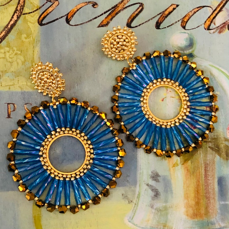 Beaded Post Earrings Blue Bugle Bead Hoop Earrings Seed Bead Etsy