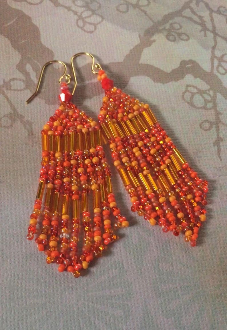 Beaded Fringe Seed Bead Earrings Bright Orange Beaded Dangle | Etsy