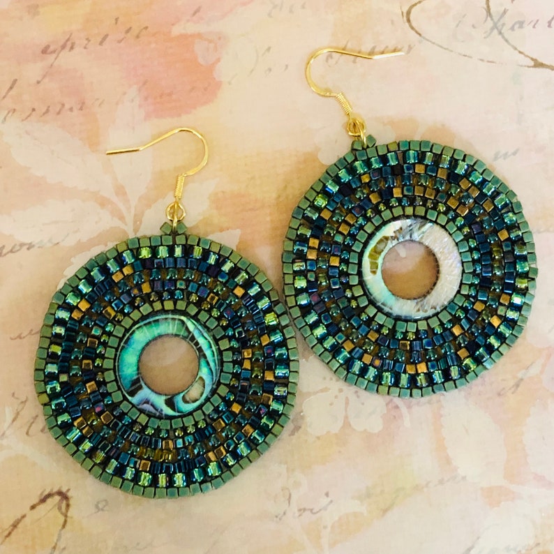 Abalone Earrings Big Boho Handmade Hoops Seed Bead Summer Beach Shell Jewelry image 3