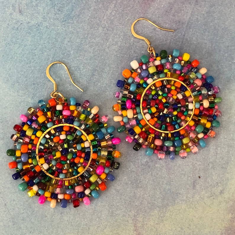 Beaded Confetti Splash Seed Bead Earrings Large Multicolored Disc Earrings image 6