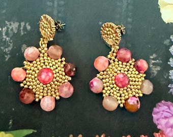 Colorful Stone Earrings | Large Bright Pink Post Stud Dangles |  Unique Artisan Statement Jewelry