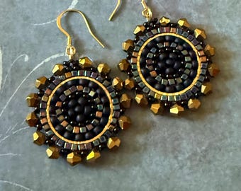 Seed Bead Dangle Earrings | Bronze and Black Crystal Earrings | Statement Jewelry for Women