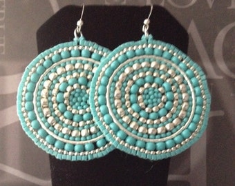 Silver and Turquoise Seed Beaded Earrings  Big Bold Multicolored Disc Earrings