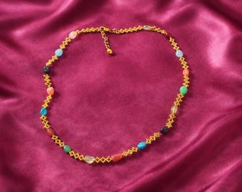 Colorful Gemstone Necklace | Gold Beaded Chain and Multi Stone Choker | Handmade Jewelry for Women