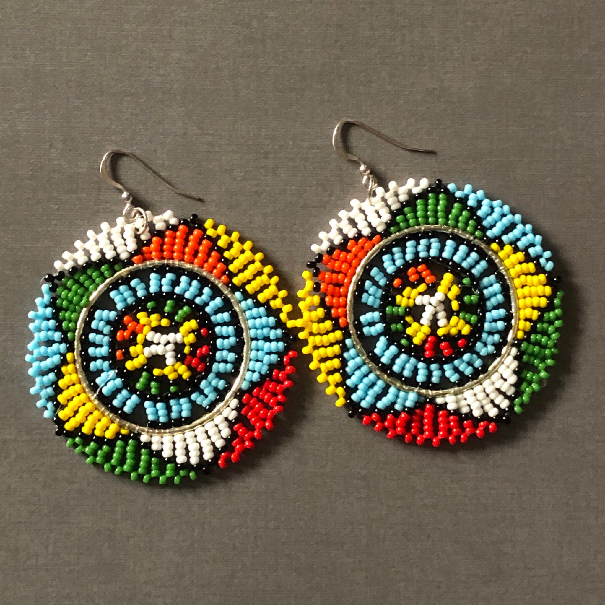 Tribal Inspired Beadwork Earrings Big Bold Multicolored Disc | Etsy