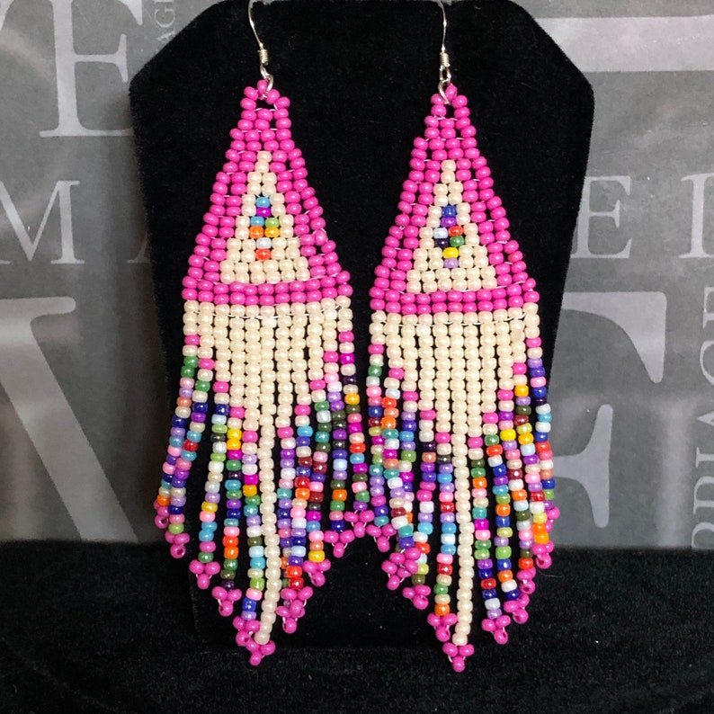 Long Dangle Earrings Pink Multicolored Fringe Earrings Pink Beaded Earrings Large Beaded Bohemian Statement Jewelry image 1