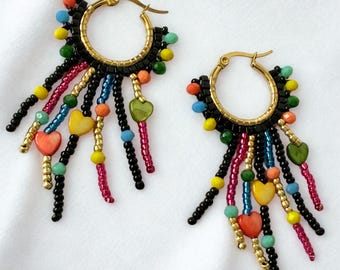 Beaded Fringe Hoop Earrings: Colorful Handmade Boho Statement Jewelry