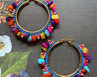 Multicolor Stone Hoop Earrings - Colorful Boho Summer  Statement Jewelry