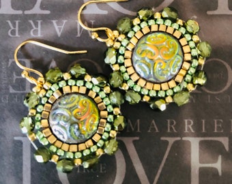 Lime Button Seed Bead Earrings Beaded Jewelry