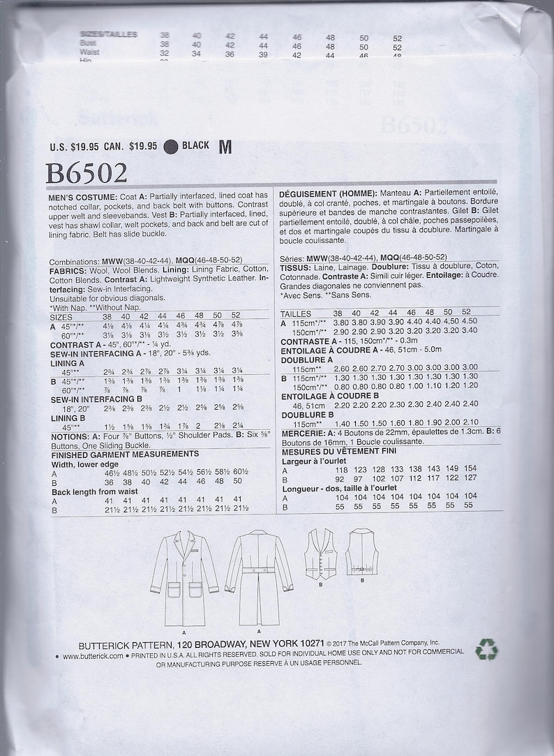 B6502 Butterick 6502 Sewing Pattern Men Lined Coat Vest Fantastic Beasts Costume