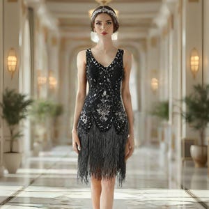 1920s Flapper Gatsby Dress, Downton Abbey Dress, Art Deco Vintage Dress, Retro Flapper Dress with Fringe, Handmade Gatsby Party Dress