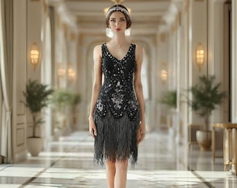 Handmade 1920s Sequin Flapper Dress, Art Deco Fringe Gatsby Party Dress