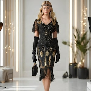 1920s Flapper Gatsby Dress, Downton Abbey Dress, Art Deco Vintage Evening Dress, Party Dress, Retro Flapper Dress with Fringe & Sequins