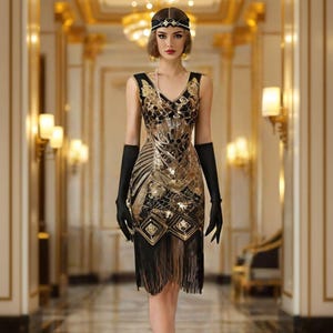 1920s Flapper Gatsby Dress, Vintage Art Deco Evening Dress, Retro Party Dress Inspired by Downton Abbey, Sequin Fringe Flapper Dress