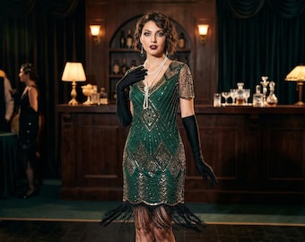 1920s Flapper Dress, Great Gatsby Roaring 20s Dress for Women, Vintage Art Deco Sequin Party Dress, Gatsby Wedding Guest Costume