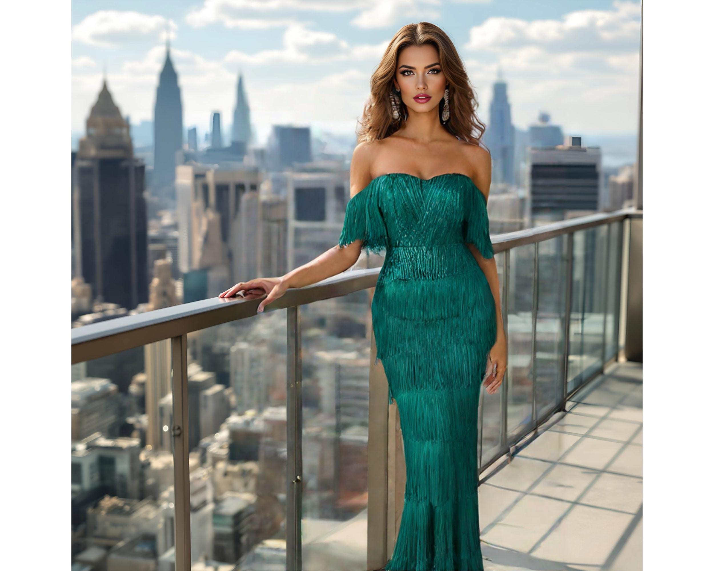 1920s Sequin Flapper Dress, Dark Green Fringe Maxi Gown