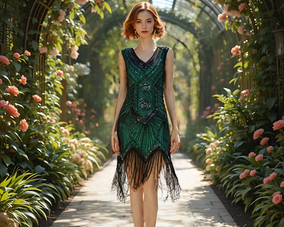green flapper style dress Holiday Party Dark Green Flapper Dress Dark Green Sequins Fringed 1920s Flapper Dress Parallel