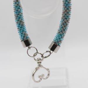 Beaded Key Lanyard Bead Crochet Blue and Grey